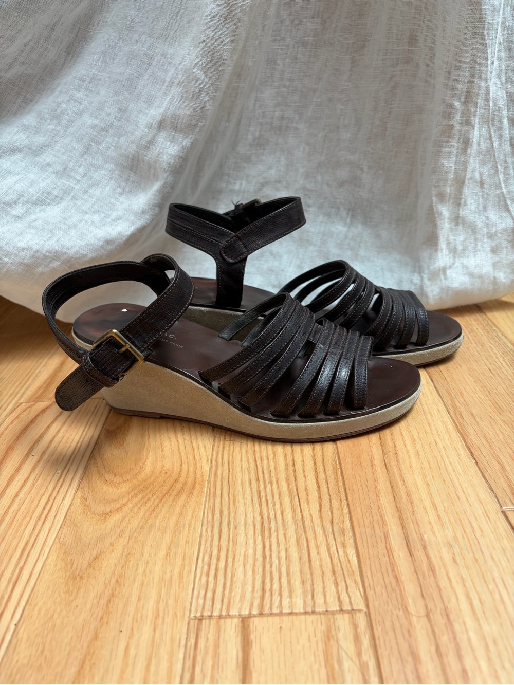 A.P.C. Dark Brown Strappy Wedge Sandals with Ankle Buckle
